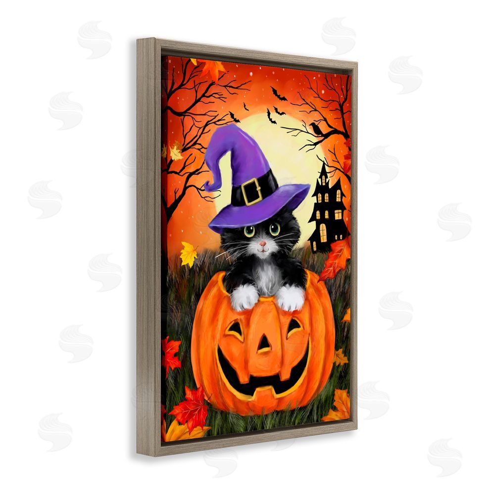 Jean Francois Cat Peeking from Jack-o-Lantern Brown Floating Frame Canvas Art Print