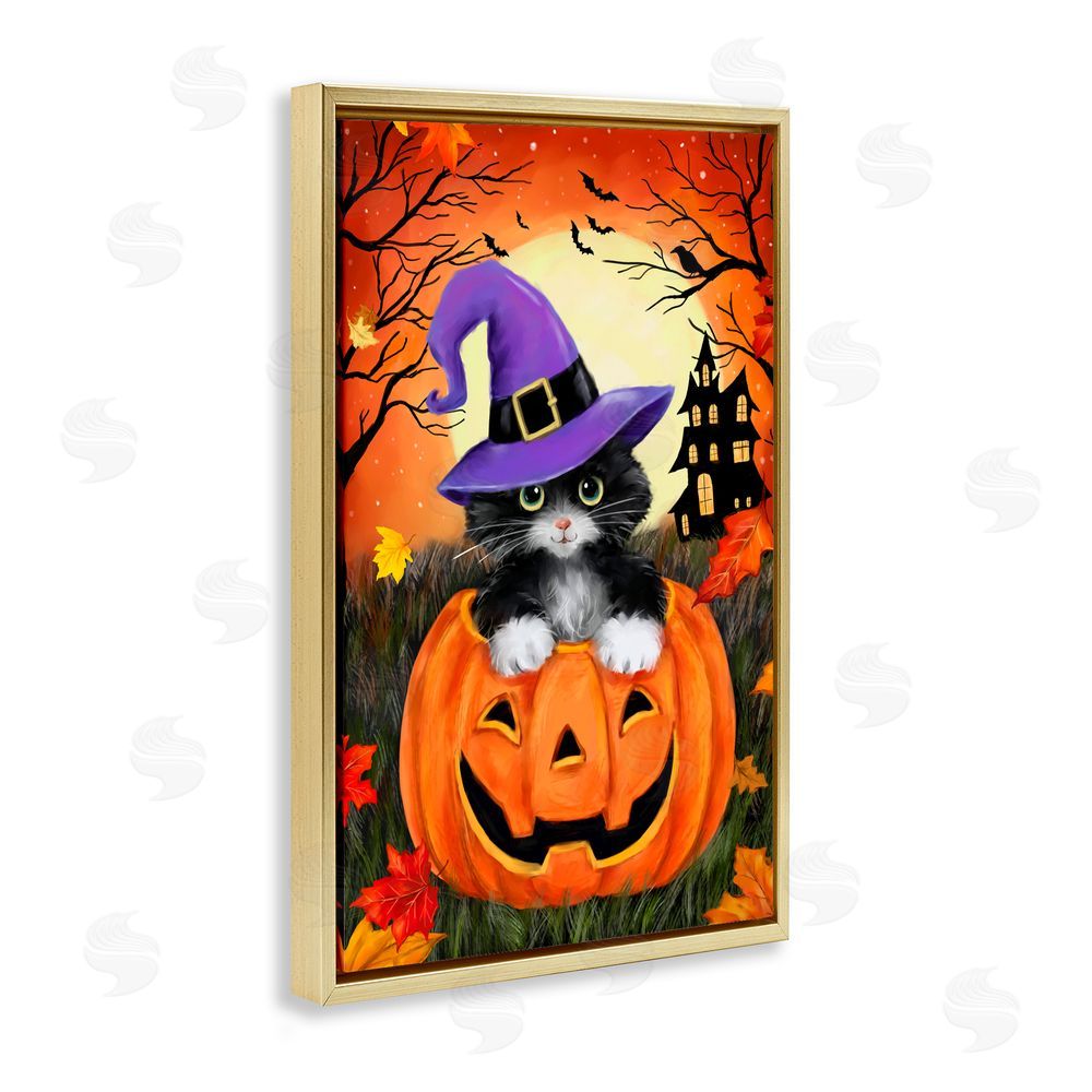 Jean Francois Cat Peeking from Jack-o-Lantern Gold Floating Frame Canvas Art Print