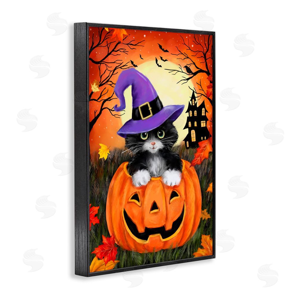 Jean Francois Cat Peeking from Jack-o-Lantern Black Framed Giclee Art Print