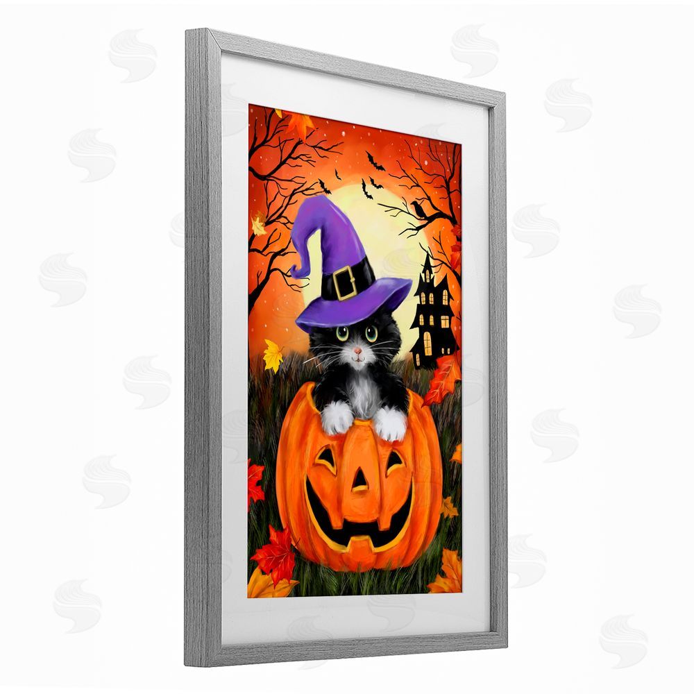 Jean Francois Cat Peeking from Jack-o-Lantern Gray Framed Print Under Glass Art