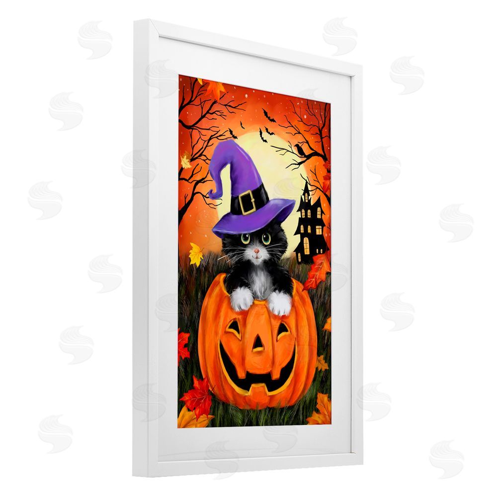 Jean Francois Cat Peeking from Jack-o-Lantern White Framed Print Under Glass Art