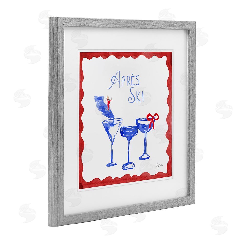Lucille Price Red & Blue Ski Cocktails Gray Framed Print Under Glass with White Mat Wall Art