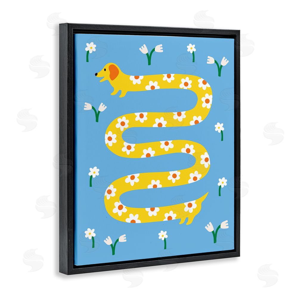 Nadia Hassan Long Floral Whimsical Dog Black Floating Frame Canvas Wall Art Print
