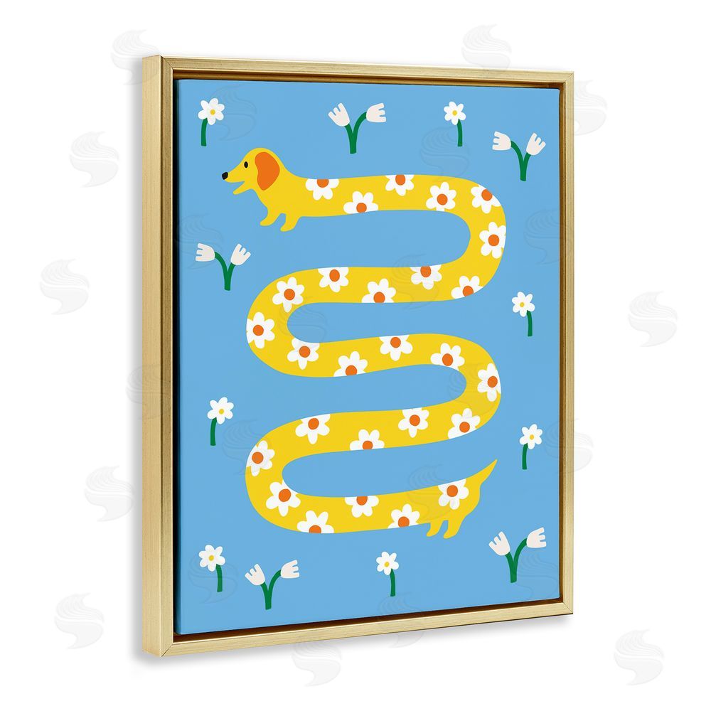 Nadia Hassan Long Floral Whimsical Dog Gold Floating Frame Canvas Wall Art Print