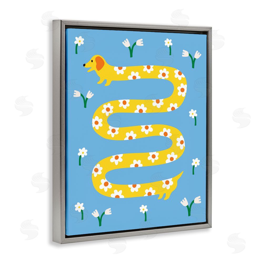 Nadia Hassan Long Floral Whimsical Dog Gray Floating Frame Canvas Wall Art Print
