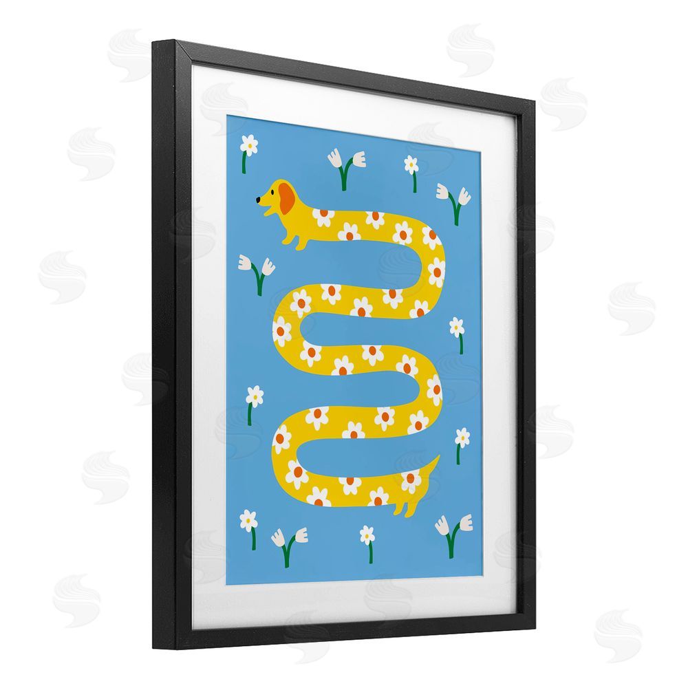 Nadia Hassan Long Floral Whimsical Dog Black Framed Print Under Glass with White Mat Wall Art