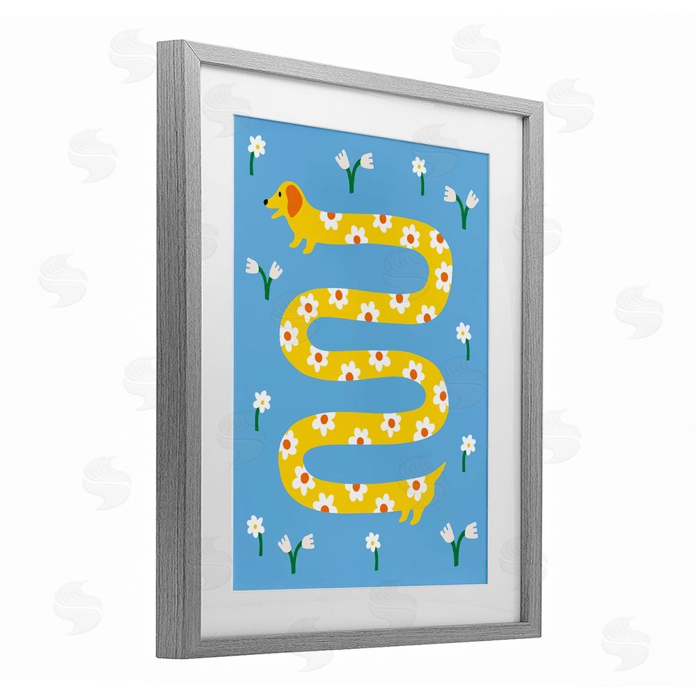 Nadia Hassan Long Floral Whimsical Dog Gray Framed Print Under Glass with White Mat Wall Art