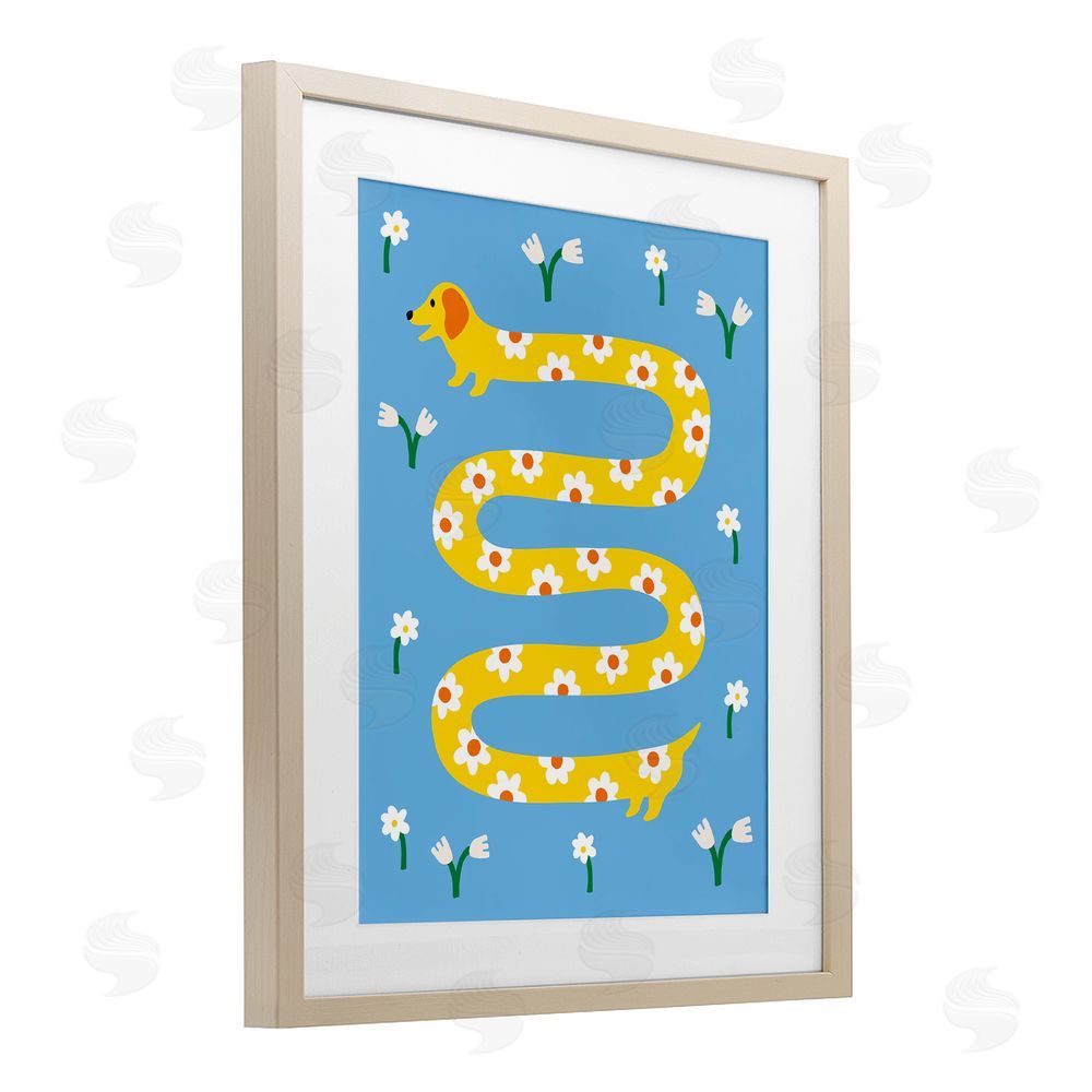 Nadia Hassan Long Floral Whimsical Dog Birch Framed Print Under Glass with White Mat Wall Art