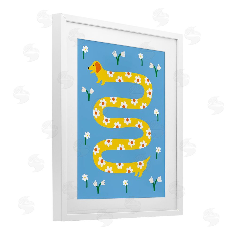 Nadia Hassan Long Floral Whimsical Dog White Framed Print Under Glass with Mat Wall Art