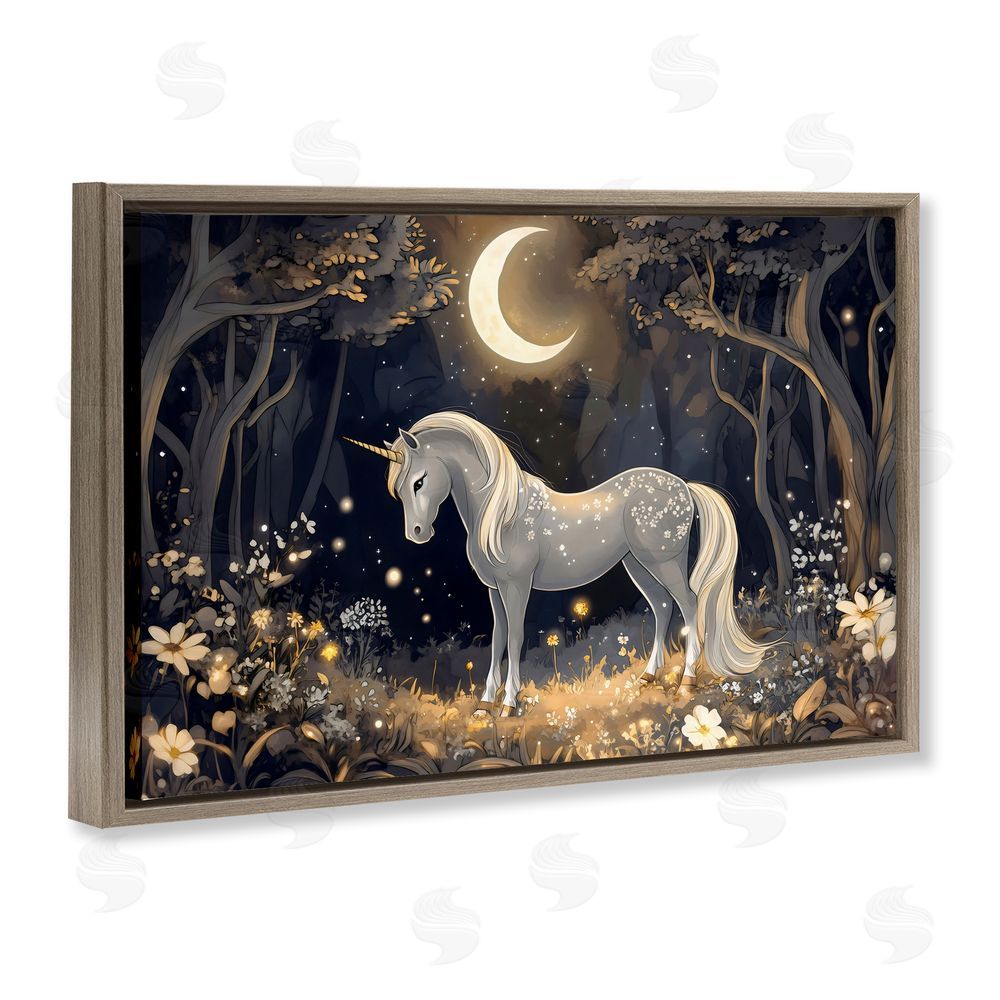 Creative Studio Moonlit Fairytale Unicorn Brown Floating Frame Canvas Wall Art Print
