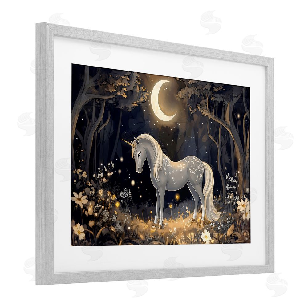 Creative Studio Moonlit Fairytale Unicorn Gray Framed Print Under Glass with White Mat Wall Art