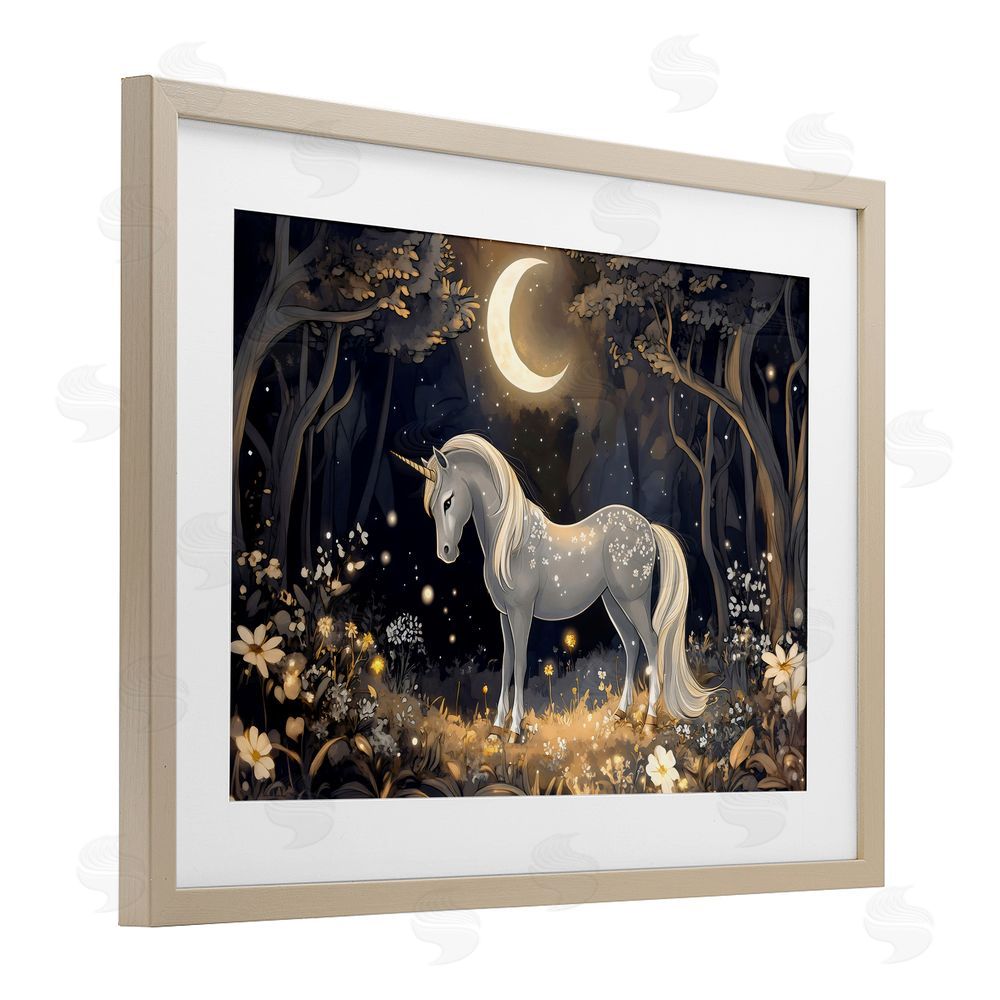 Creative Studio Moonlit Fairytale Unicorn Birch Framed Print Under Glass with White Mat Wall Art