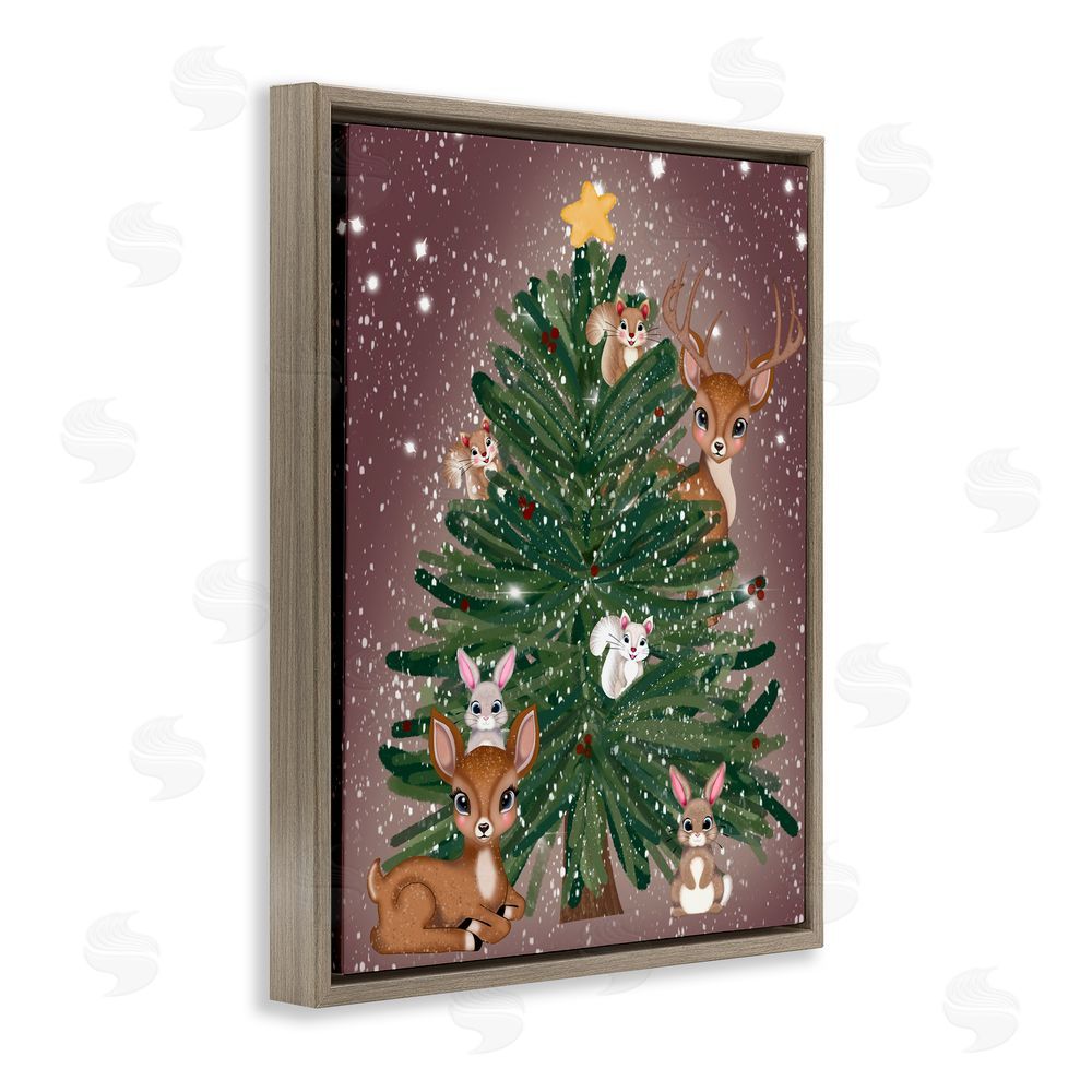 Drew McInerney Christmas Tree Fun Animals Brown Floating Frame Canvas Art Print