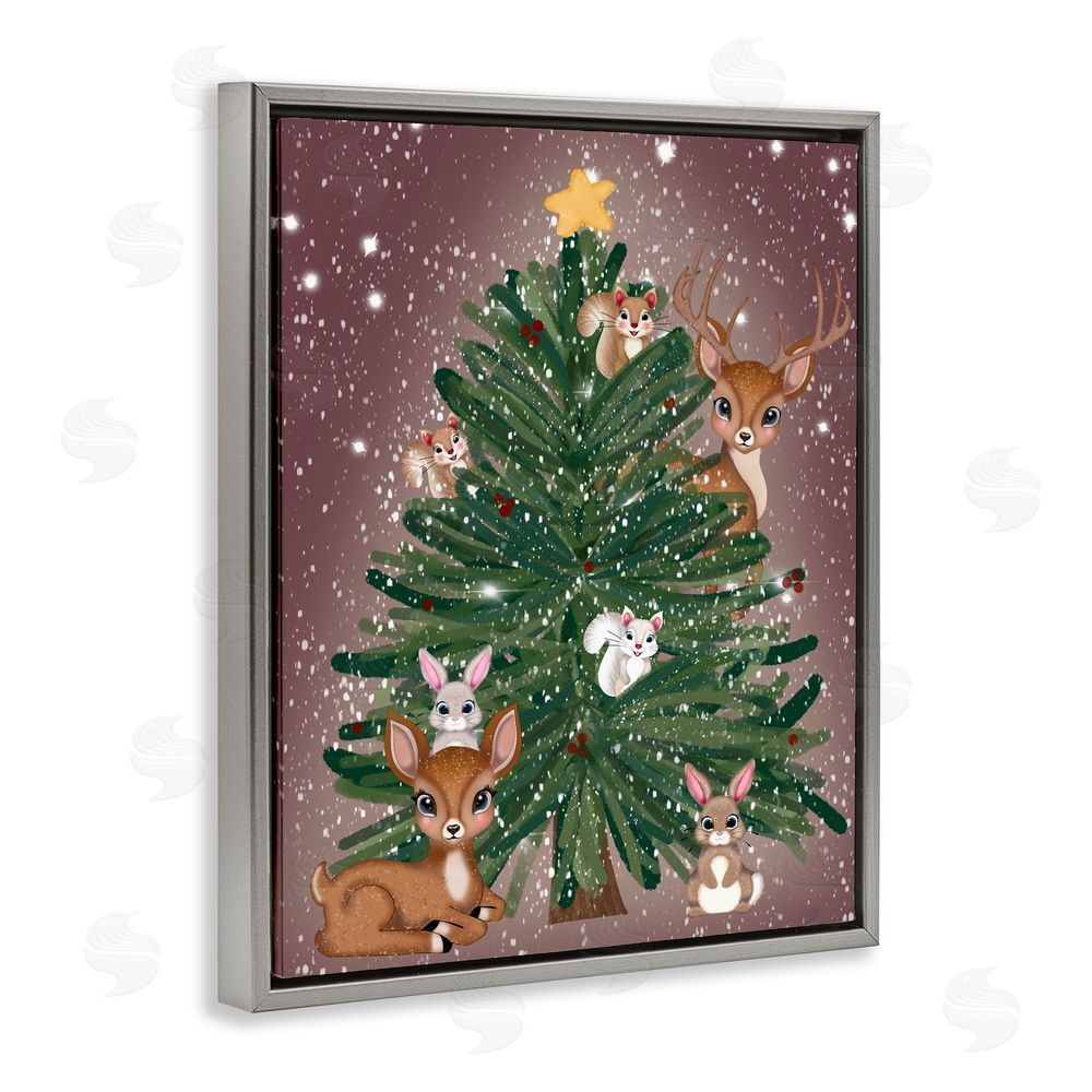 Drew McInerney Christmas Tree Fun Animals Gray Floating Frame Canvas Art Print