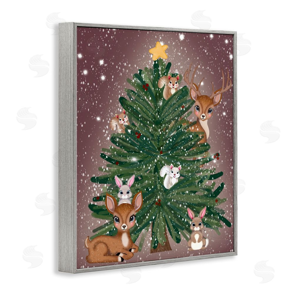 Drew McInerney Christmas Tree Fun Animals Gray Framed Giclee Art Print