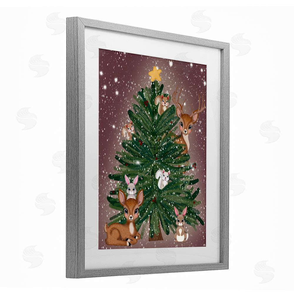 Drew McInerney Christmas Tree Fun Animals Gray Framed Print Under Glass Art