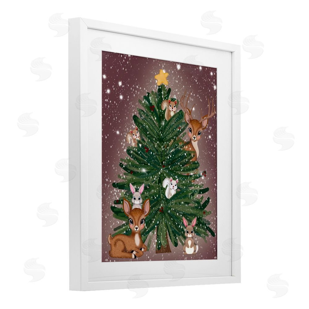 Drew McInerney Christmas Tree Fun Animals White Framed Print Under Glass Art