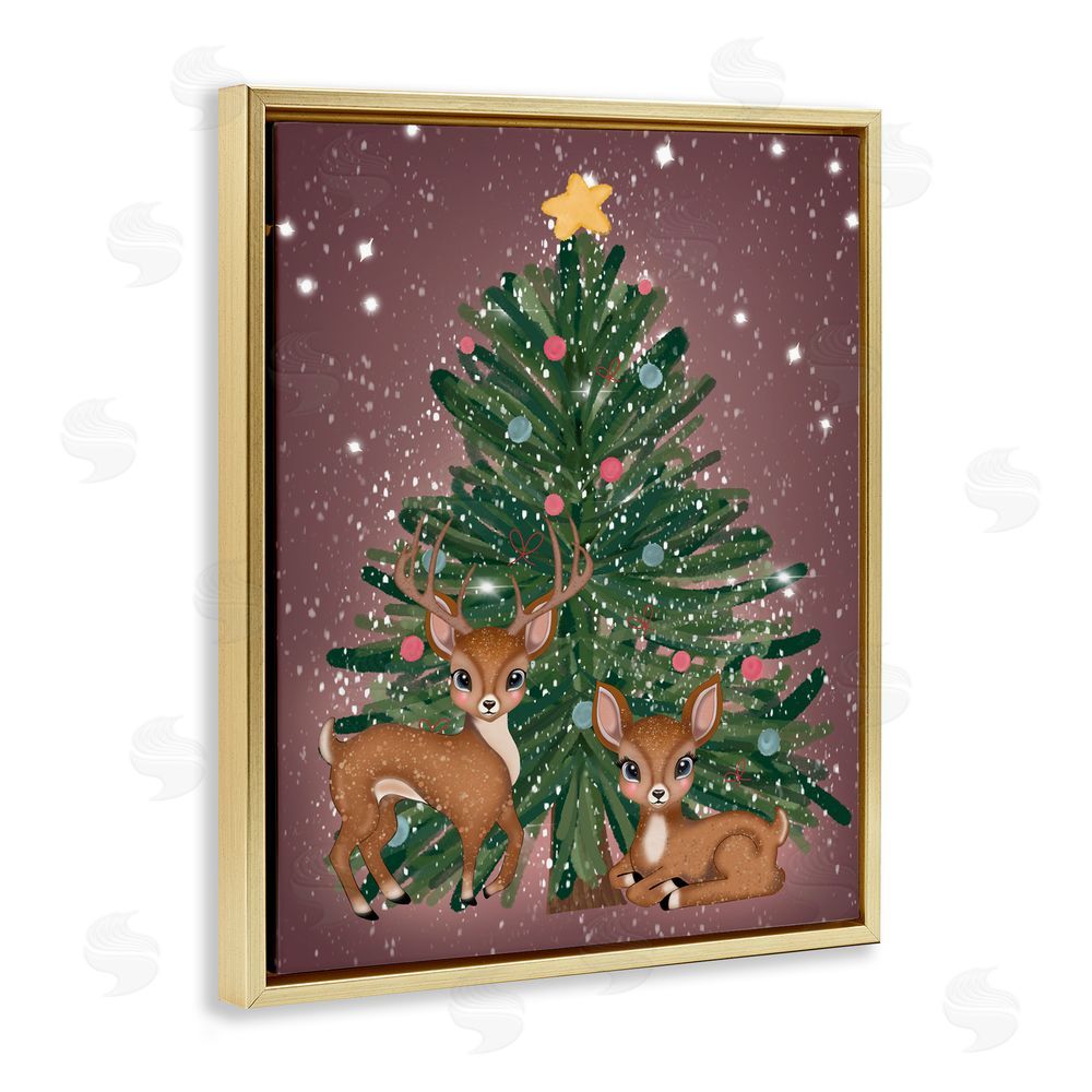 Drew McInerney Christmas Tree Fun Deer Gold Floating Frame Canvas Art Print