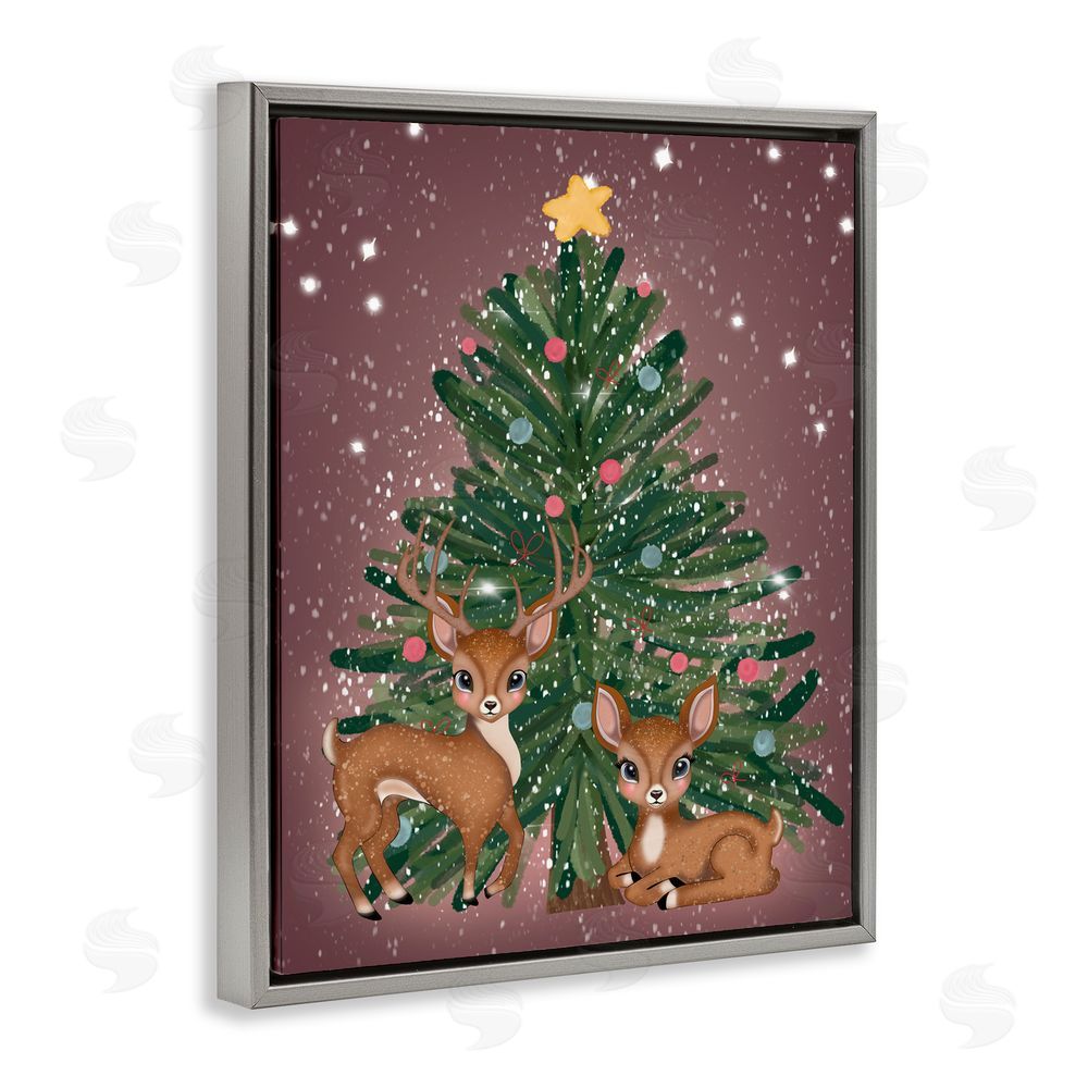 Drew McInerney Christmas Tree Fun Deer Gray Floating Frame Canvas Art Print