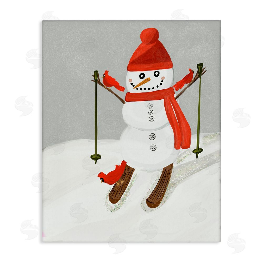 Kristal Clifford Snowman Skiing with Cardinals Canvas Wall Art Print