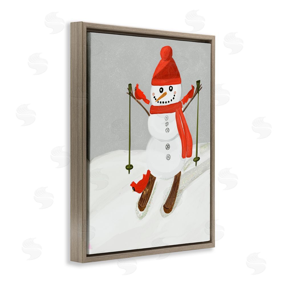 Kristal Clifford Snowman Skiing with Cardinals Brown Floating Frame Canvas Art Print