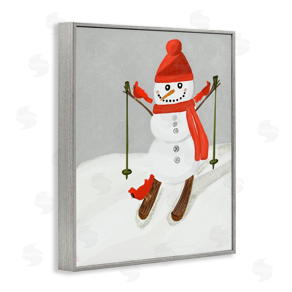 Kristal Clifford Snowman Skiing with Cardinals Gray Framed Giclee Art Print