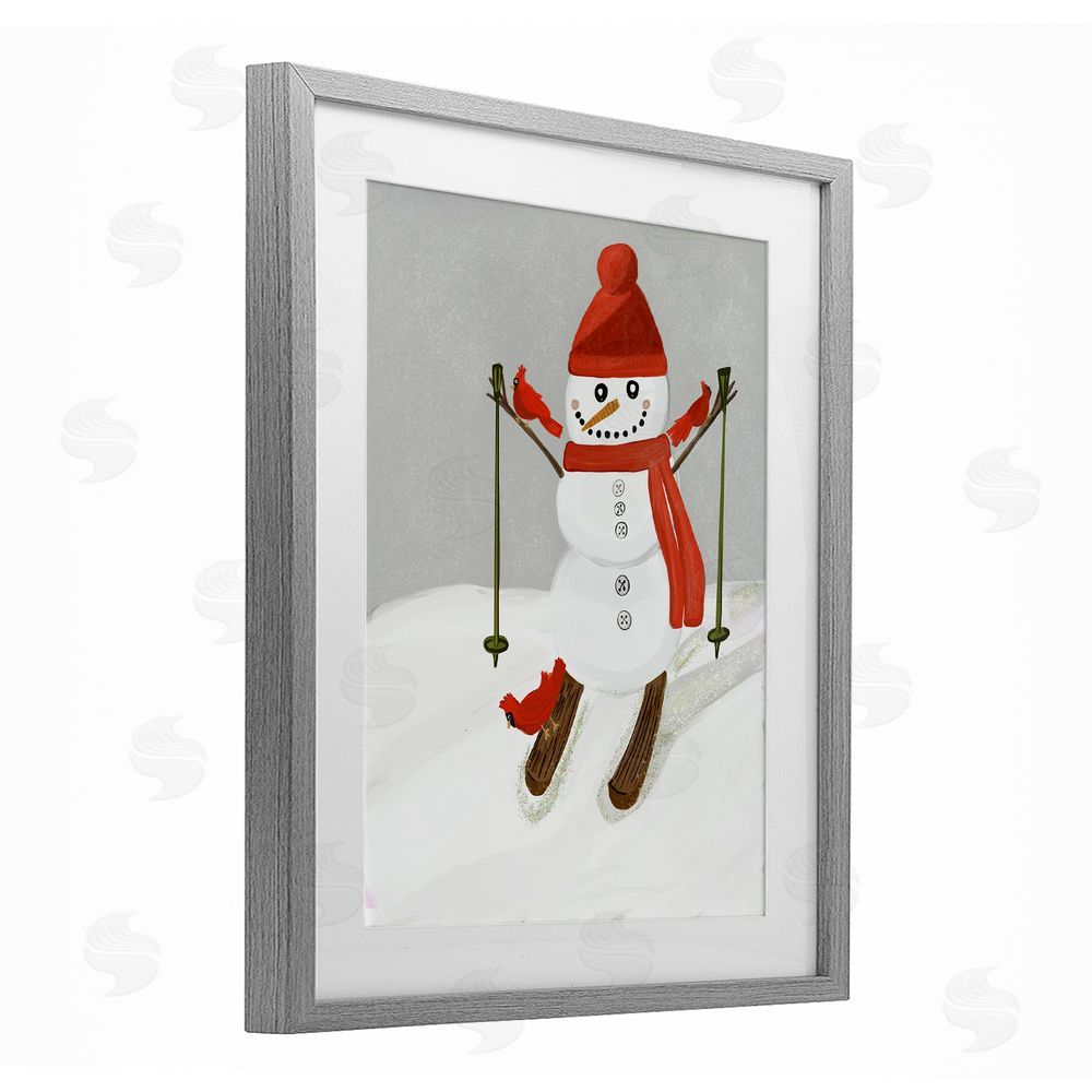 Kristal Clifford Snowman Skiing with Cardinals Gray Framed Print Under Glass Art