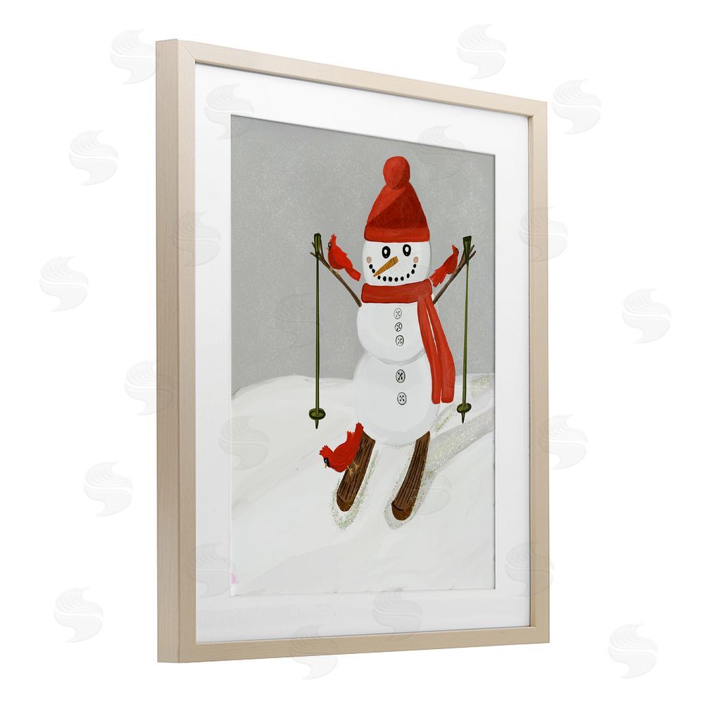 Kristal Clifford Snowman Skiing with Cardinals Birch Framed Print Under Glass Art