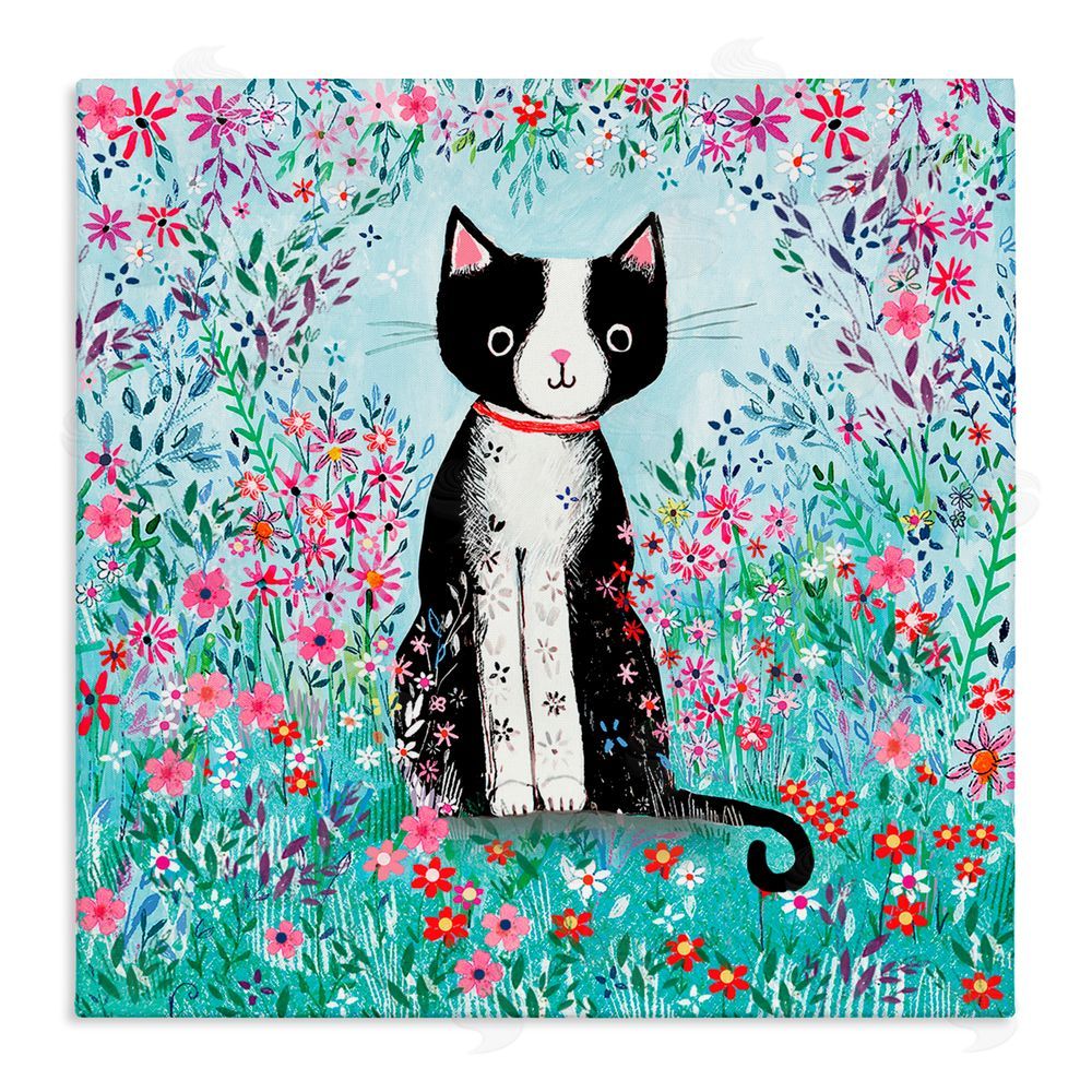 Clare Tupper Black Cat with Whimsical Daisies Canvas Wall Art Print