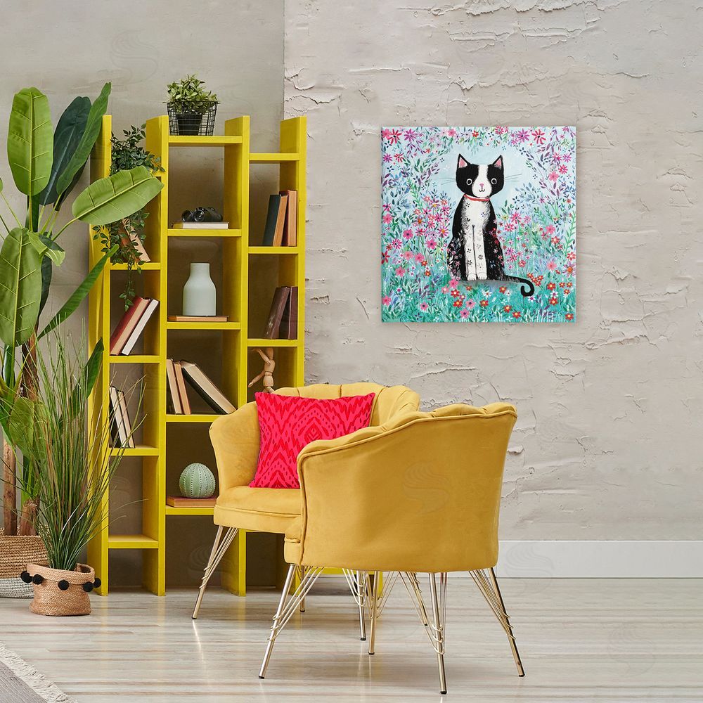 Clare Tupper Black Cat with Whimsical Daisies Canvas Art on Wall