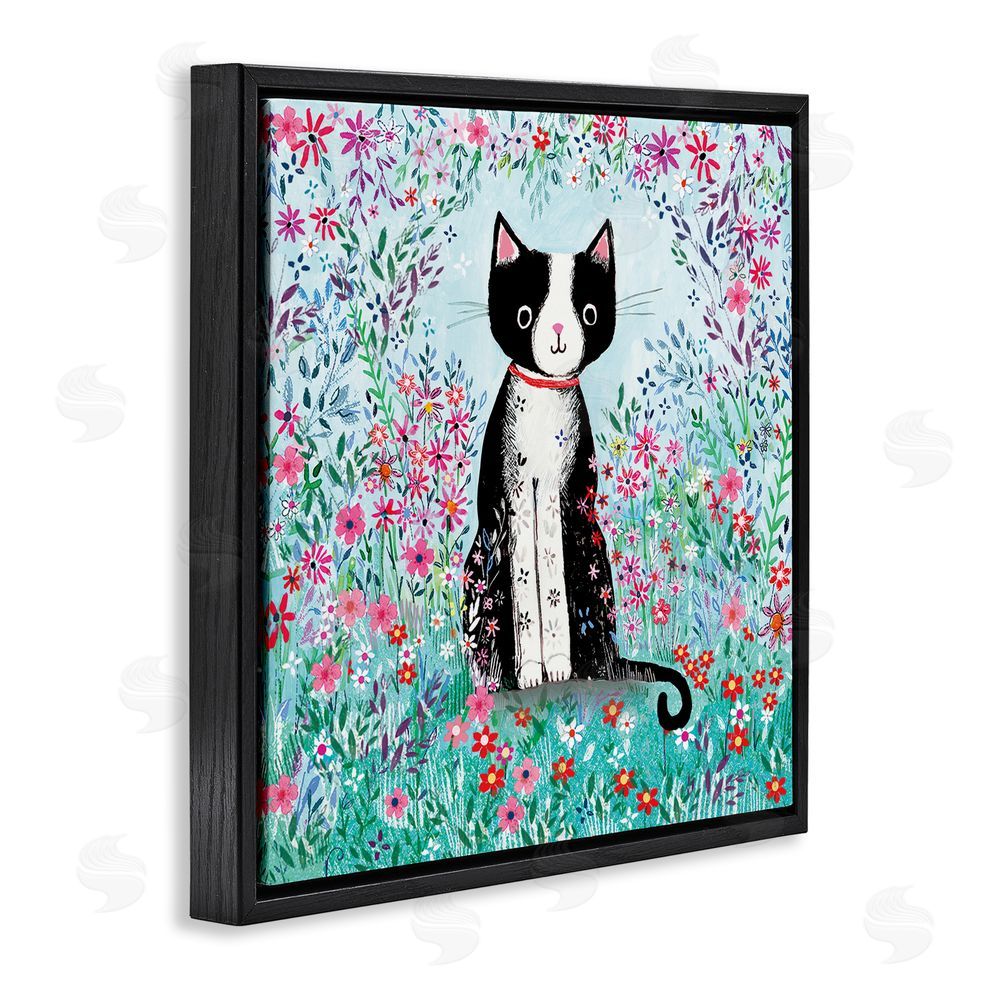 Clare Tupper Black Cat with Whimsical Daisies Black Floating Frame Canvas Wall Art Print