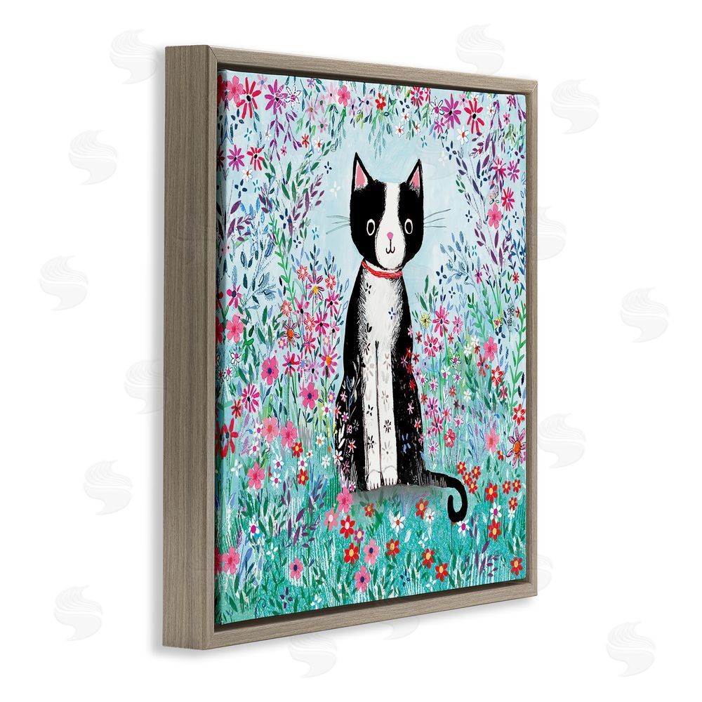 Clare Tupper Black Cat with Whimsical Daisies Brown Floating Frame Canvas Wall Art Print