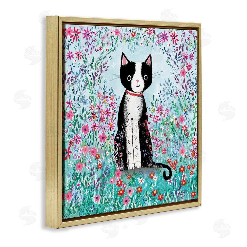 Clare Tupper Black Cat with Whimsical Daisies Gold Floating Frame Canvas Wall Art Print