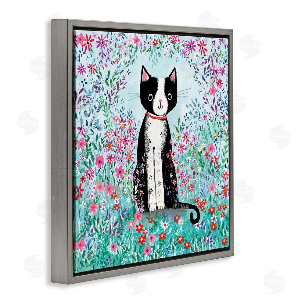 Clare Tupper Black Cat with Whimsical Daisies Gray Floating Frame Canvas Wall Art Print