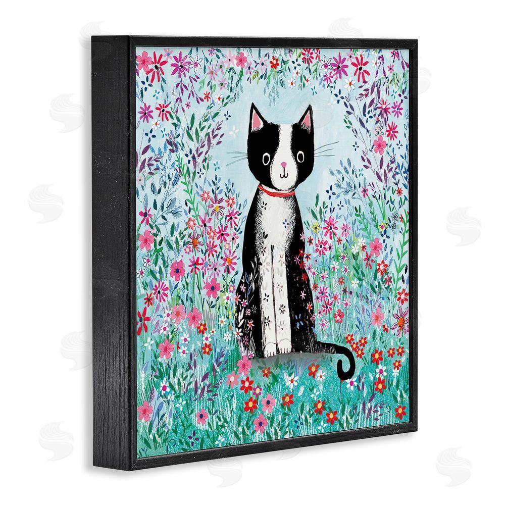 Clare Tupper Black Cat with Whimsical Daisies Black Framed Giclee Wall Art Print