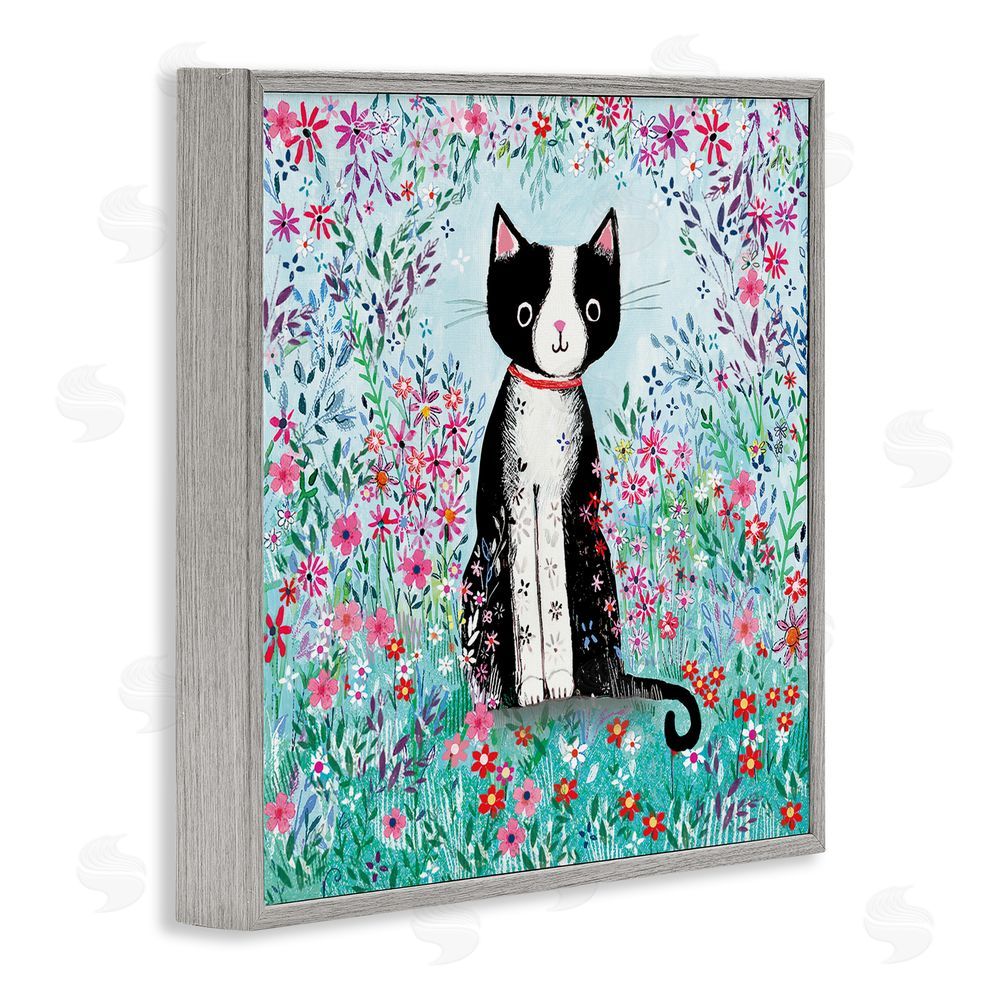 Clare Tupper Black Cat with Whimsical Daisies Gray Framed Giclee Wall Art Print