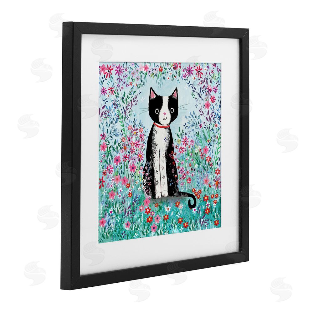 Clare Tupper Black Cat with Whimsical Daisies Black Framed Print Under Glass with White Mat Wall Art