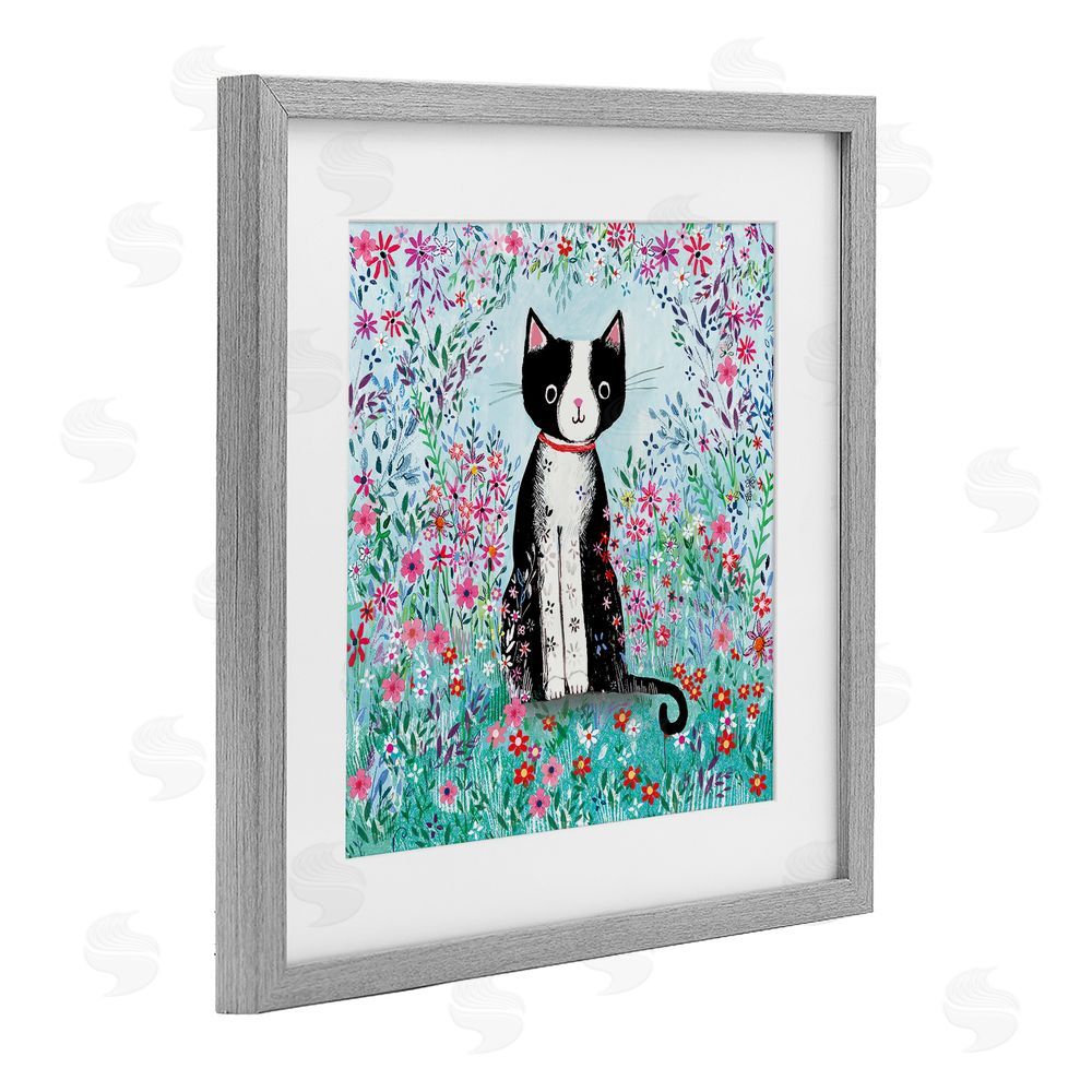 Clare Tupper Black Cat with Whimsical Daisies Gray Framed Print Under Glass with White Mat Wall Art
