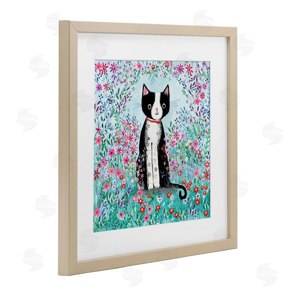 Clare Tupper Black Cat with Whimsical Daisies Birch Framed Print Under Glass with White Mat Wall Art