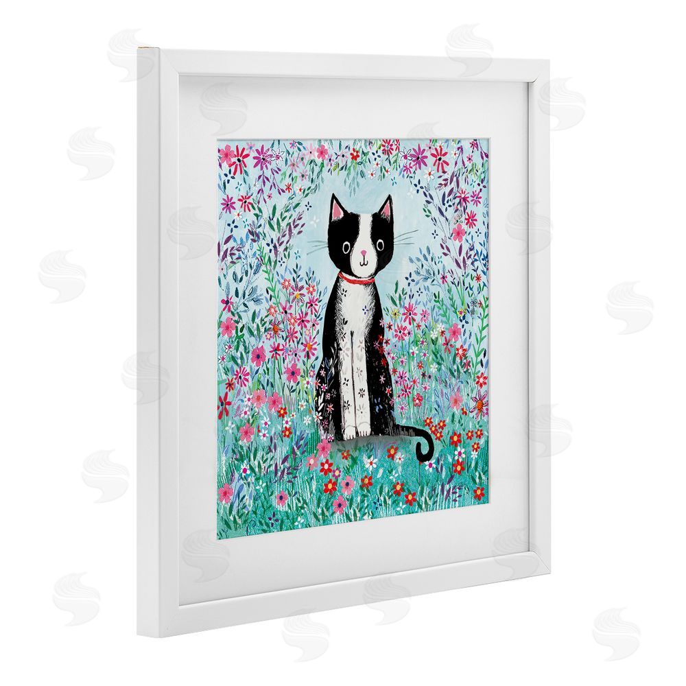 Clare Tupper Black Cat with Whimsical Daisies White Framed Print Under Glass with Mat Wall Art
