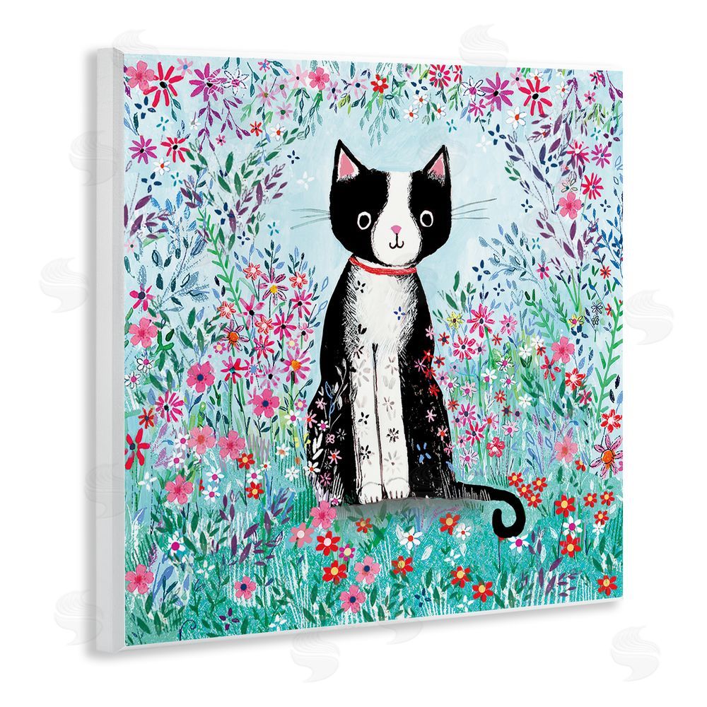 Clare Tupper Black Cat with Whimsical Daisies Wall Plaque Art Print