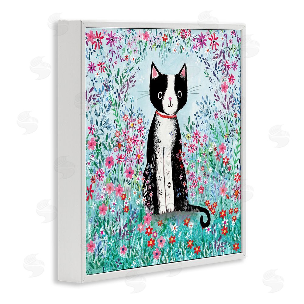 Clare Tupper Black Cat with Whimsical Daisies White Framed Giclee Wall Art Print