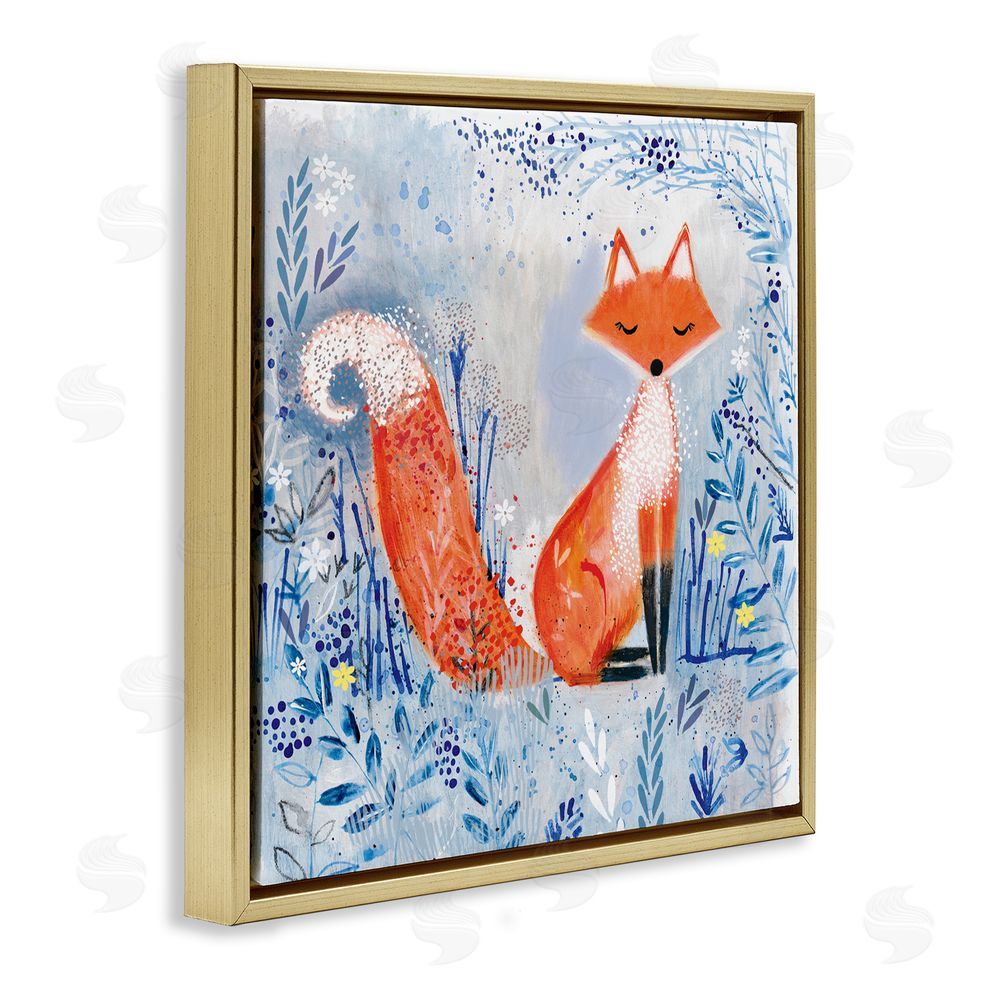 Clare Tupper Whimsical Fox Nature Collage Gold Floating Frame Canvas Wall Art Print
