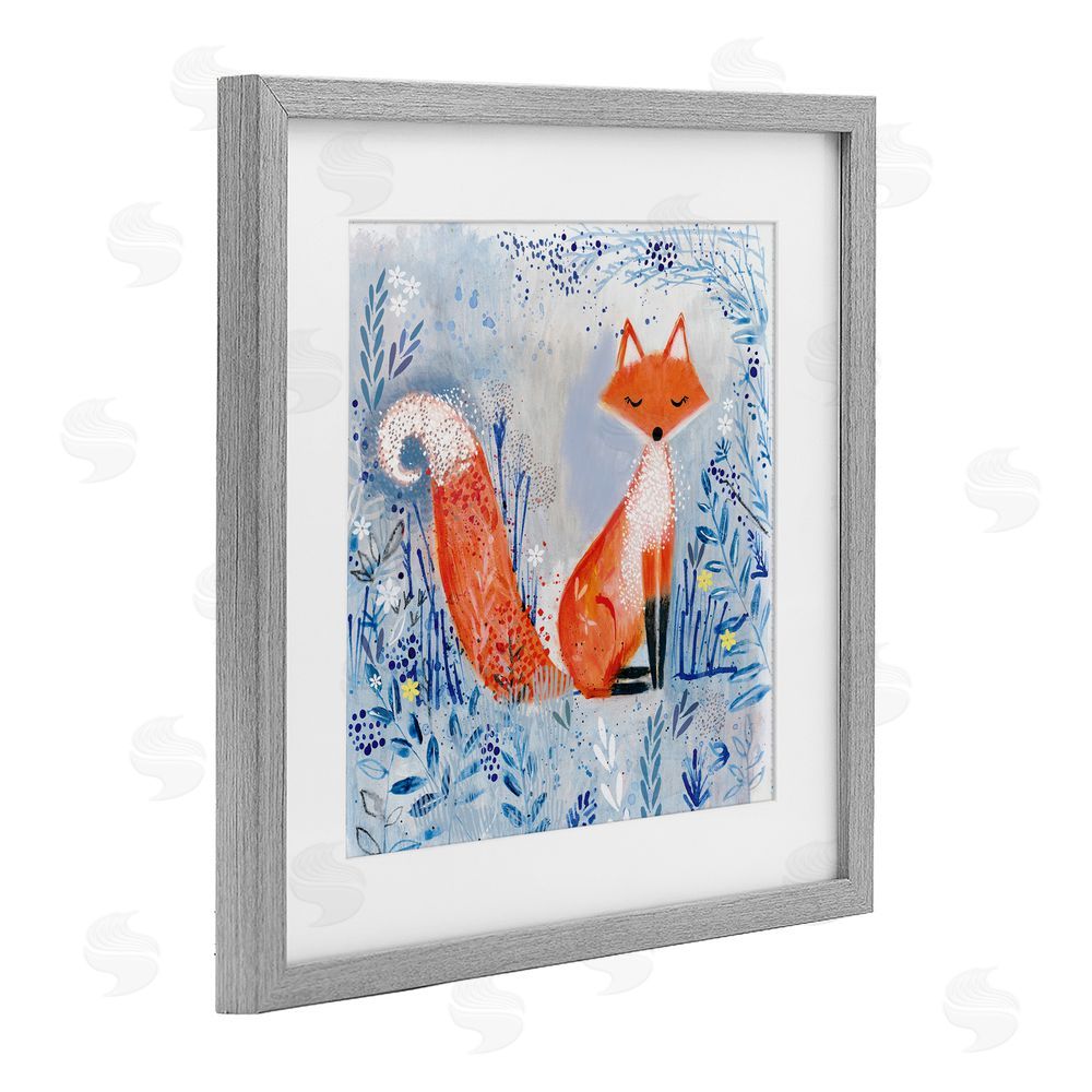 Clare Tupper Whimsical Fox Nature Collage Gray Framed Print Under Glass with White Mat Wall Art