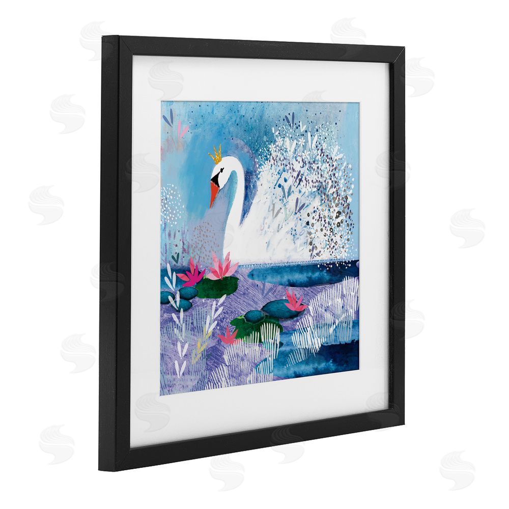 Clare Tupper Tranquil Crowned Swan Black Framed Print Under Glass with White Mat Wall Art