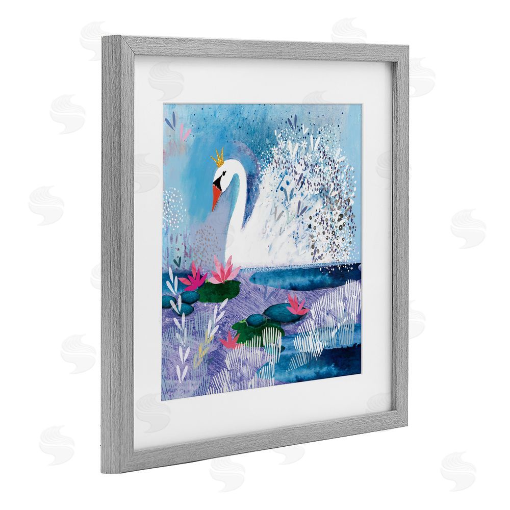 Clare Tupper Tranquil Crowned Swan Gray Framed Print Under Glass with White Mat Wall Art
