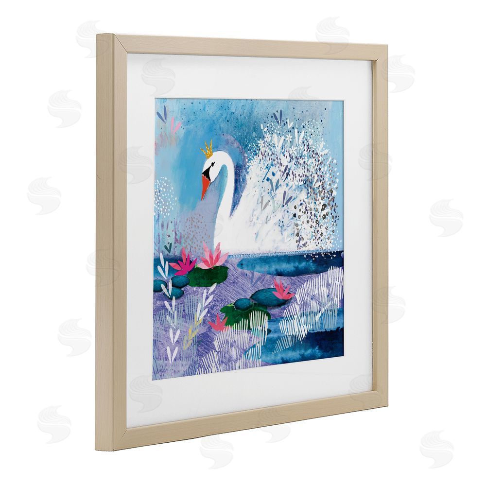 Clare Tupper Tranquil Crowned Swan Birch Framed Print Under Glass with White Mat Wall Art