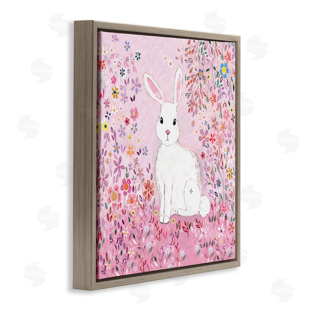 Clare Tupper Playful Flopsy Floral Rabbit Brown Floating Frame Canvas Wall Art Print
