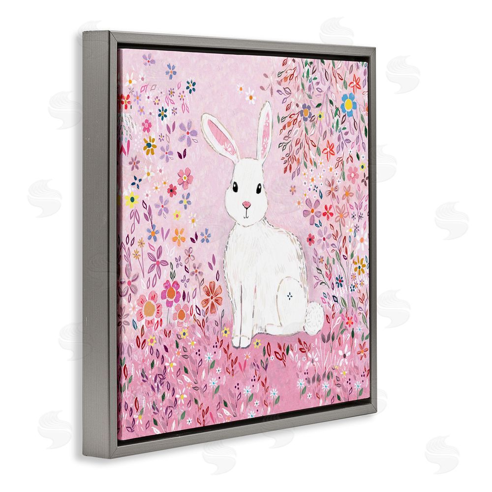 Clare Tupper Playful Flopsy Floral Rabbit Gray Floating Frame Canvas Wall Art Print