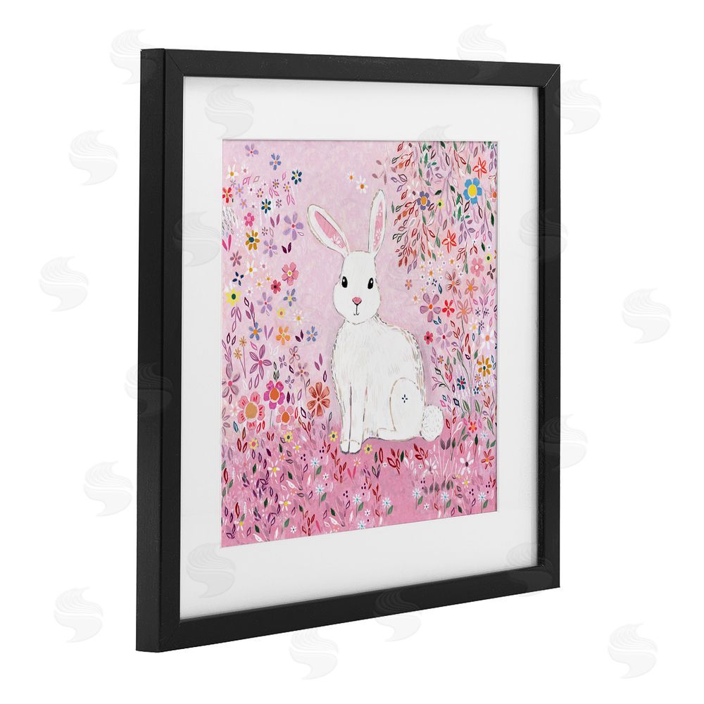 Clare Tupper Playful Flopsy Floral Rabbit Black Framed Print Under Glass with White Mat Wall Art